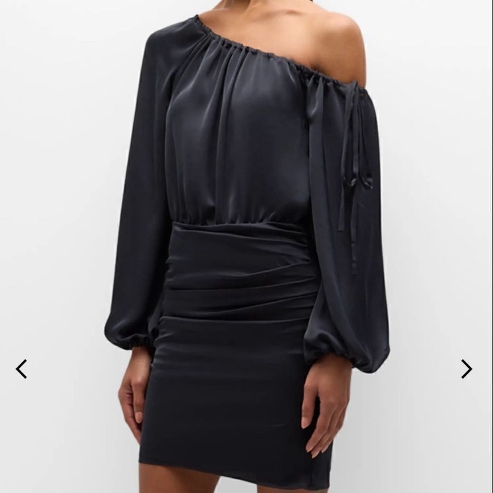 RAMY BROOK Louisa Long Sleeve Black One Shoulder Satin Mini Cocktail Dress Siz 4